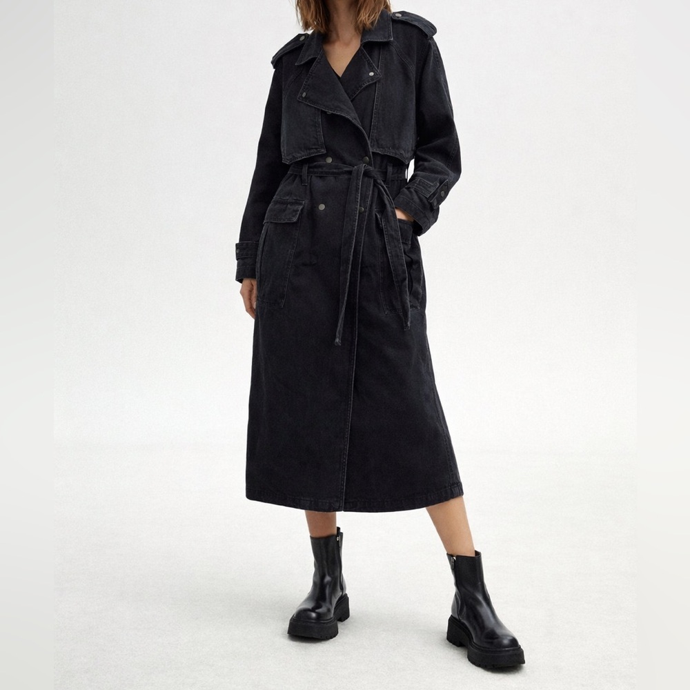 ZARA Black Denim Trench Coat XS–S Belted Utility Long Jacket Modern Goth Punk